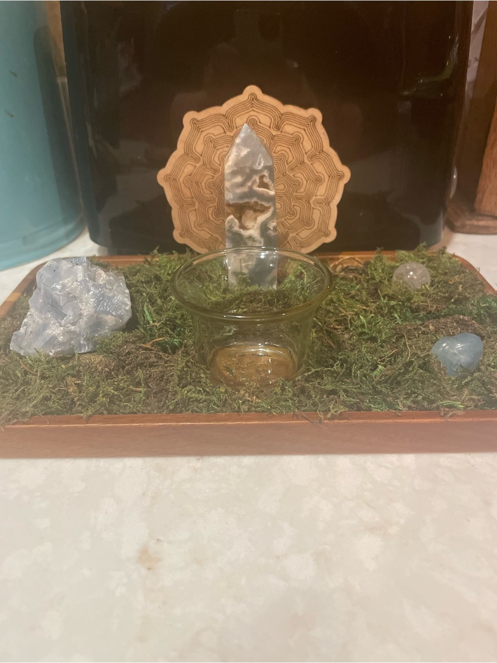 Handcrafted Green Moss Tray with Clear Glass Tealight and Blue Crystal Accents